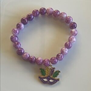 Purple Beaded Mardi Gras Bracelet with Mask Charm